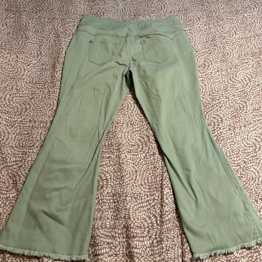 Est. 1946 Denim Sage Green Super Hi-Rise Flare Distressed Jeans 18WP Fringe Hem - Picture 4 of 13